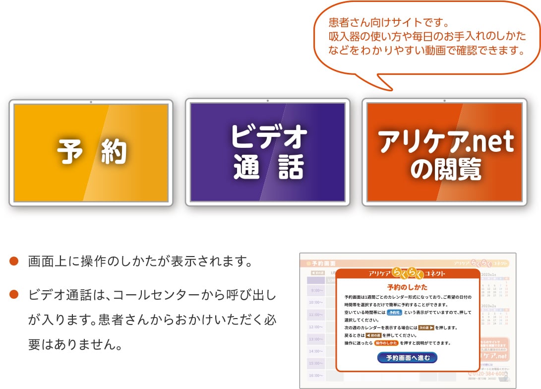 予約/ビデオ通話/アリケア.netの閲覧 患者さん向けサイトです。吸入器の使い方や毎日のお手入れのしかたなどをわかりやすい動画で確認できます。/ ・画面上に操作のしかたが表示されます。・ビデオ通話は、コールセンターから呼び出しが入ります。患者さんからおかけいただく必要はありません。/アリケア らくらくコネクト 予約のしかた
